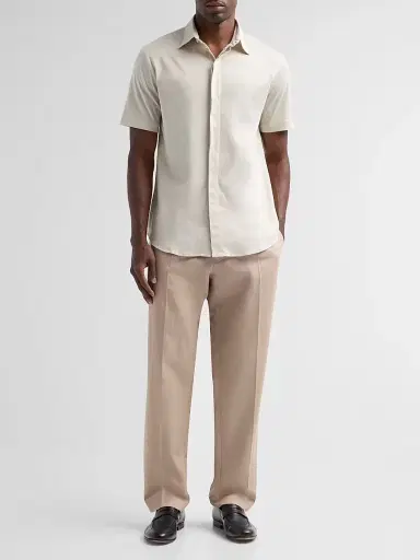 Emporio Armani Men's Tonal Textured Cotton Short-Sleeve Shirt - Sand | Thumbnail 2 Emporio Armani Men's Tonal Textured Cotton Short-Sleeve Shirt - Sand | Thumbnail 2