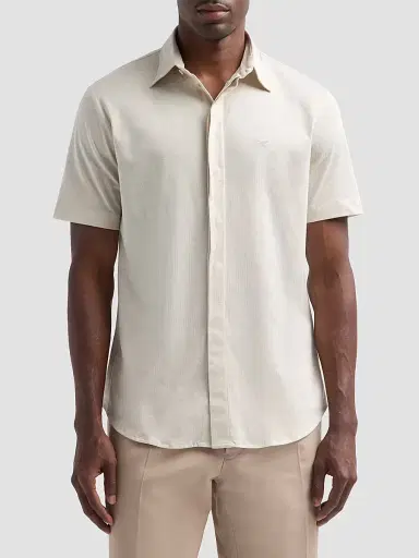Emporio Armani Men's Tonal Textured Cotton Short-Sleeve Shirt - Sand | Thumbnail 4 Emporio Armani Men's Tonal Textured Cotton Short-Sleeve Shirt - Sand | Thumbnail 4