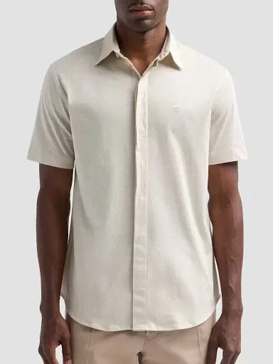 Emporio Armani Men's Tonal Textured Cotton Short-Sleeve Shirt - Sand | Thumbnail 5 Emporio Armani Men's Tonal Textured Cotton Short-Sleeve Shirt - Sand | Thumbnail 5