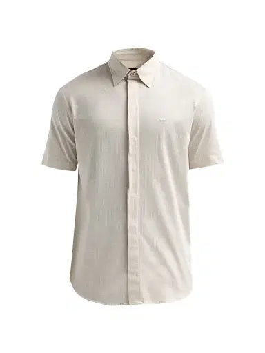 Emporio Armani Men's Tonal Textured Cotton Short-Sleeve Shirt - Sand | Thumbnail 1 Emporio Armani Men's Tonal Textured Cotton Short-Sleeve Shirt - Sand | Thumbnail 1
