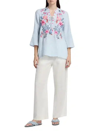 Johnny Was Women's Lirielle Embroidered Tie-Front Blouse - Blue Slub Linen | Thumbnail 2 Johnny Was Women's Lirielle Embroidered Tie-Front Blouse - Blue Slub Linen | Thumbnail 2