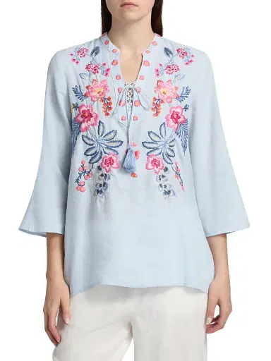 Johnny Was Women's Lirielle Embroidered Tie-Front Blouse - Blue Slub Linen | Thumbnail 3 Johnny Was Women's Lirielle Embroidered Tie-Front Blouse - Blue Slub Linen | Thumbnail 3
