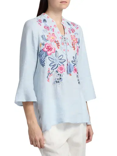 Johnny Was Women's Lirielle Embroidered Tie-Front Blouse - Blue Slub Linen | Thumbnail 4 Johnny Was Women's Lirielle Embroidered Tie-Front Blouse - Blue Slub Linen | Thumbnail 4