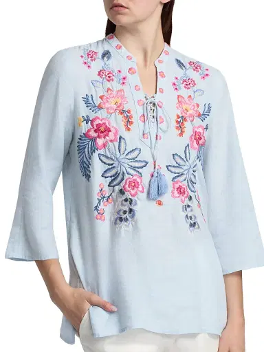 Johnny Was Women's Lirielle Embroidered Tie-Front Blouse - Blue Slub Linen | Thumbnail 6 Johnny Was Women's Lirielle Embroidered Tie-Front Blouse - Blue Slub Linen | Thumbnail 6