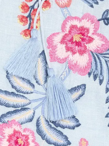 Johnny Was Women's Lirielle Embroidered Tie-Front Blouse - Blue Slub Linen | Thumbnail 7 Johnny Was Women's Lirielle Embroidered Tie-Front Blouse - Blue Slub Linen | Thumbnail 7