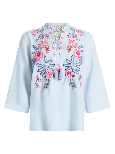 Johnny Was Women's Lirielle Embroidered Tie-Front Blouse - Blue Slub Linen | Thumbnail 1 Johnny Was Women's Lirielle Embroidered Tie-Front Blouse - Blue Slub Linen | Thumbnail 1
