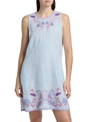 Johnny Was Women's Chevron Cleolia Embroidered Paisley Linen-Blend Minidress - Blue Slub Linen | Thumbnail 3 Johnny Was Women's Chevron Cleolia Embroidered Paisley Linen-Blend Minidress - Blue Slub Linen | Thumbnail 3