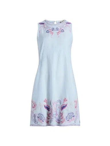 Johnny Was Women's Chevron Cleolia Embroidered Paisley Linen-Blend Minidress - Blue Slub Linen | Thumbnail 1 Johnny Was Women's Chevron Cleolia Embroidered Paisley Linen-Blend Minidress - Blue Slub Linen | Thumbnail 1