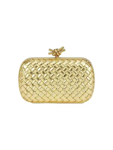 Bottega Veneta Women's Intrecciato Metallic Leather Knot Clutch - Gold | Thumbnail 1 Bottega Veneta Women's Intrecciato Metallic Leather Knot Clutch - Gold | Thumbnail 1