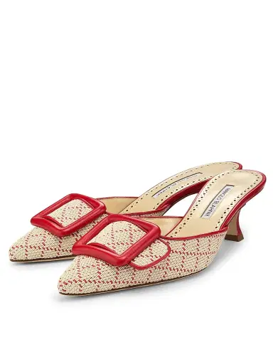 Manolo Blahnik Women's Maysalebi 50MM Buckled Mules - Red White | Thumbnail 2 Manolo Blahnik Women's Maysalebi 50MM Buckled Mules - Red White | Thumbnail 2