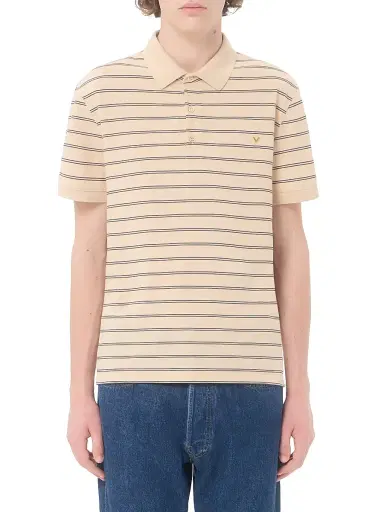 Valentino Garavani Men's Cotton Piqué Polo Shirt with VGold Stripes - Beige Navy | Thumbnail 3 Valentino Garavani Men's Cotton Piqué Polo Shirt with VGold Stripes - Beige Navy | Thumbnail 3