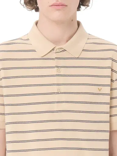 Valentino Garavani Men's Cotton Piqué Polo Shirt with VGold Stripes - Beige Navy | Thumbnail 6 Valentino Garavani Men's Cotton Piqué Polo Shirt with VGold Stripes - Beige Navy | Thumbnail 6