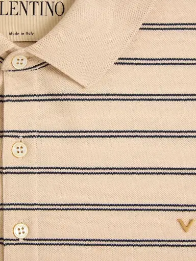 Valentino Garavani Men's Cotton Piqué Polo Shirt with VGold Stripes - Beige Navy | Thumbnail 7 Valentino Garavani Men's Cotton Piqué Polo Shirt with VGold Stripes - Beige Navy | Thumbnail 7