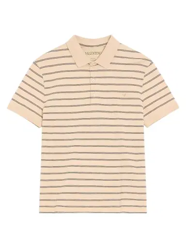 Valentino Garavani Men's Cotton Piqué Polo Shirt with VGold Stripes - Beige Navy | Thumbnail 1 Valentino Garavani Men's Cotton Piqué Polo Shirt with VGold Stripes - Beige Navy | Thumbnail 1