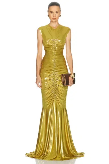 Norma Kamali Sleeveless V Neck Shirred Front Fishtail Gown | Thumbnail 1 Norma Kamali Sleeveless V Neck Shirred Front Fishtail Gown | Thumbnail 1