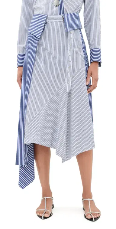 Marques'Almeida Patchwork Wrap Skirt with Folded Belt Blue Stripe | Thumbnail 1 Marques'Almeida Patchwork Wrap Skirt with Folded Belt Blue Stripe | Thumbnail 1