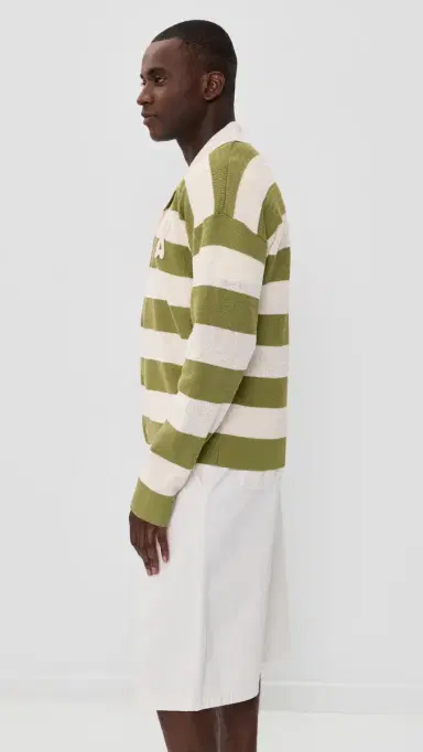 AMI Striped Polo Collar Cardigan Blanc Creme/atcha | Thumbnail 4 AMI Striped Polo Collar Cardigan Blanc Creme/atcha | Thumbnail 4
