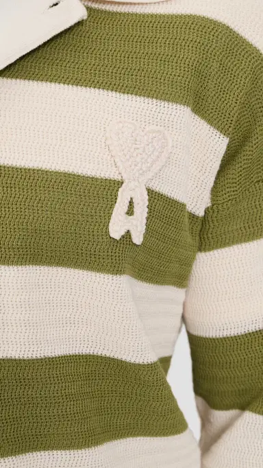 AMI Striped Polo Collar Cardigan Blanc Creme/atcha | Thumbnail 6 AMI Striped Polo Collar Cardigan Blanc Creme/atcha | Thumbnail 6