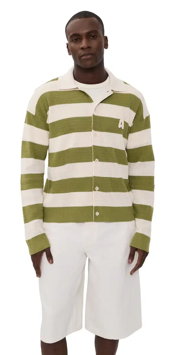 Striped Polo Collar Cardigan Blanc Creme/atcha Striped Polo Collar Cardigan Blanc Creme/atcha