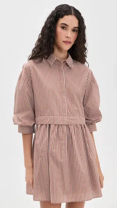 English Factory tripe Puff Sleeve Shirt Dress Brown tripe | Thumbnail 2 English Factory tripe Puff Sleeve Shirt Dress Brown tripe | Thumbnail 2
