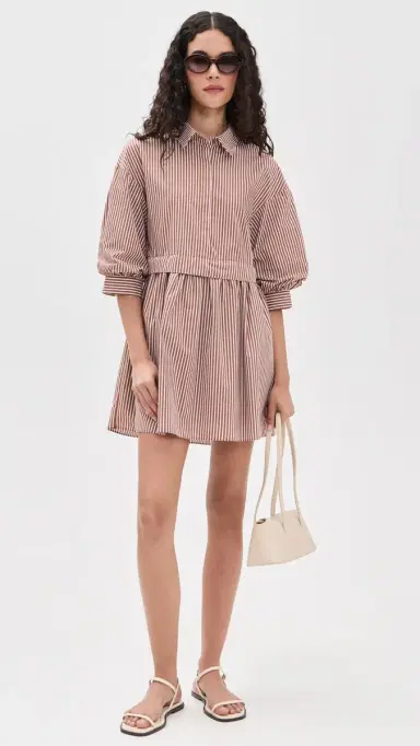 English Factory tripe Puff Sleeve Shirt Dress Brown tripe | Thumbnail 5 English Factory tripe Puff Sleeve Shirt Dress Brown tripe | Thumbnail 5