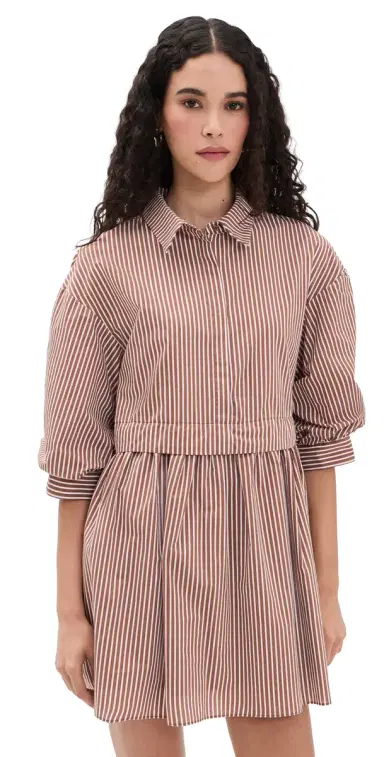 English Factory tripe Puff Sleeve Shirt Dress Brown tripe | Thumbnail 1 English Factory tripe Puff Sleeve Shirt Dress Brown tripe | Thumbnail 1