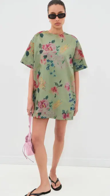 Marques'Almeida Bonded Satin T-Shirt Dress Green Floral | Thumbnail 2 Marques'Almeida Bonded Satin T-Shirt Dress Green Floral | Thumbnail 2
