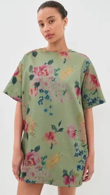 Marques'Almeida Bonded Satin T-Shirt Dress Green Floral | Thumbnail 3 Marques'Almeida Bonded Satin T-Shirt Dress Green Floral | Thumbnail 3