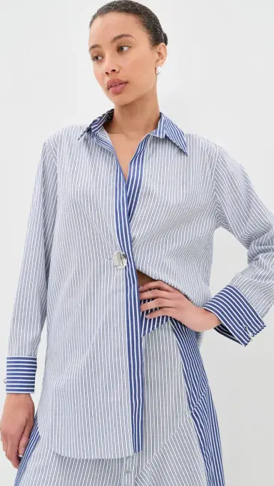 MARQUES ALMEIDA Patchwork Overlapping Front Tailored Shirt Blue Stripe 8 | Thumbnail 2 MARQUES ALMEIDA Patchwork Overlapping Front Tailored Shirt Blue Stripe 8 | Thumbnail 2