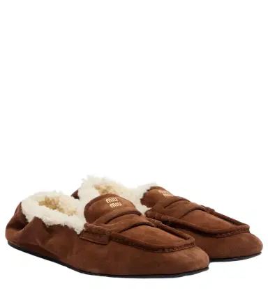 Miu Miu Ruches shearling-lined suede penny loafers | Thumbnail 1 Miu Miu Ruches shearling-lined suede penny loafers | Thumbnail 1