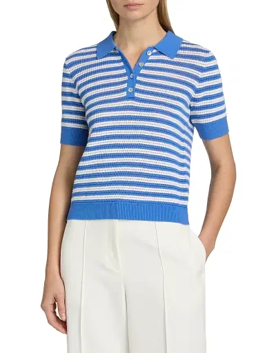 Elie Tahari Women's The Elliot Striped Cotton Polo Sweater - Seaport Blue | Thumbnail 3 Elie Tahari Women's The Elliot Striped Cotton Polo Sweater - Seaport Blue | Thumbnail 3