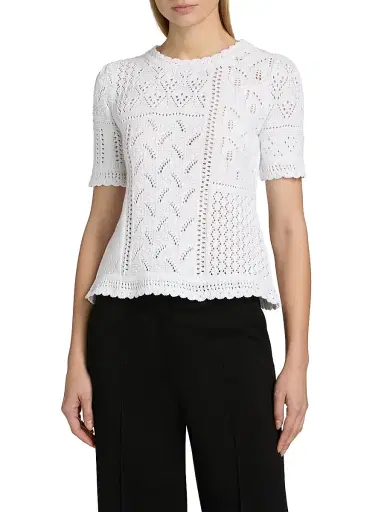 Elie Tahari Women's The Lily Pointelle Cotton Knit Short-Sleeve Sweater - Sky White | Thumbnail 3 Elie Tahari Women's The Lily Pointelle Cotton Knit Short-Sleeve Sweater - Sky White | Thumbnail 3
