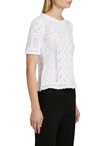 Elie Tahari Women's The Lily Pointelle Cotton Knit Short-Sleeve Sweater - Sky White | Thumbnail 4 Elie Tahari Women's The Lily Pointelle Cotton Knit Short-Sleeve Sweater - Sky White | Thumbnail 4