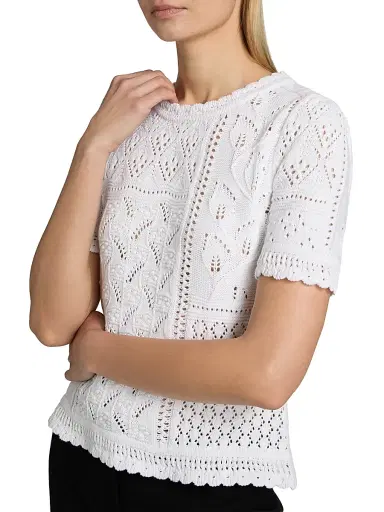 Elie Tahari Women's The Lily Pointelle Cotton Knit Short-Sleeve Sweater - Sky White | Thumbnail 6 Elie Tahari Women's The Lily Pointelle Cotton Knit Short-Sleeve Sweater - Sky White | Thumbnail 6