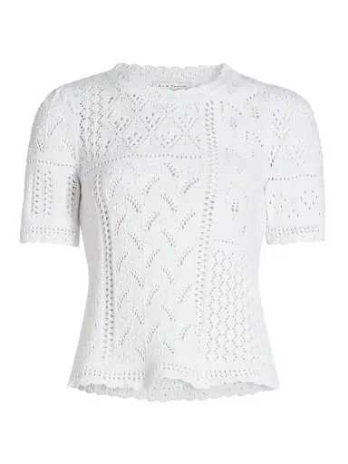 Elie Tahari Women's The Lily Pointelle Cotton Knit Short-Sleeve Sweater - Sky White | Thumbnail 1 Elie Tahari Women's The Lily Pointelle Cotton Knit Short-Sleeve Sweater - Sky White | Thumbnail 1