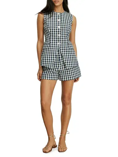 Veronica Beard Women's Haina Gingham Stretch-Cotton High-Rise Shorts - Navy Dove | Thumbnail 2 Veronica Beard Women's Haina Gingham Stretch-Cotton High-Rise Shorts - Navy Dove | Thumbnail 2