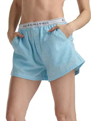 Polo Ralph Lauren Women's Seersucker Logo Waistband Boxer Shorts - Baltic Sea | Thumbnail 4 Polo Ralph Lauren Women's Seersucker Logo Waistband Boxer Shorts - Baltic Sea | Thumbnail 4