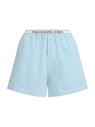 Polo Ralph Lauren Women's Seersucker Logo Waistband Boxer Shorts - Baltic Sea | Thumbnail 1 Polo Ralph Lauren Women's Seersucker Logo Waistband Boxer Shorts - Baltic Sea | Thumbnail 1