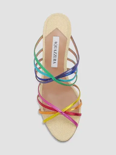 Aquazzura Women's Tell Me 75MM Rainbow Leather and Raffia Mule Sandals - Gold Multi - Size 11 | Thumbnail 3 Aquazzura Women's Tell Me 75MM Rainbow Leather and Raffia Mule Sandals - Gold Multi - Size 11 | Thumbnail 3