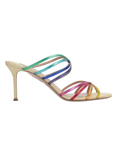 Aquazzura Women's Tell Me 75MM Rainbow Leather and Raffia Mule Sandals - Gold Multi - Size 11 | Thumbnail 1 Aquazzura Women's Tell Me 75MM Rainbow Leather and Raffia Mule Sandals - Gold Multi - Size 11 | Thumbnail 1