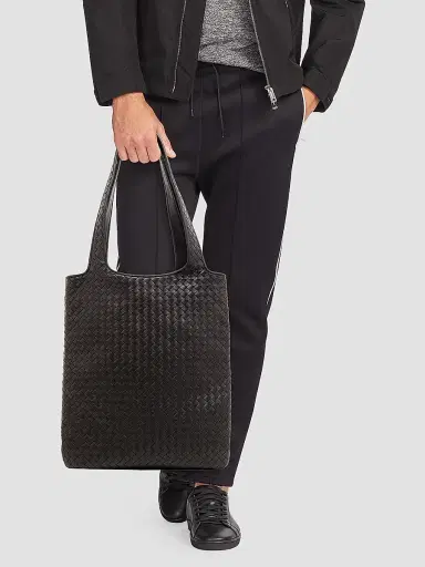 Bottega Veneta Men's Intrecciato Leather Tote Bag - Espresso Silver | Thumbnail 2 Bottega Veneta Men's Intrecciato Leather Tote Bag - Espresso Silver | Thumbnail 2