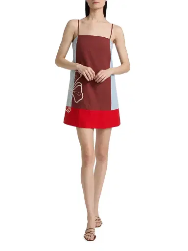 Tanya Taylor Women's Bianca Floral Colorblocked Cotton-Linen Minidress - Redwood Multi | Thumbnail 2 Tanya Taylor Women's Bianca Floral Colorblocked Cotton-Linen Minidress - Redwood Multi | Thumbnail 2