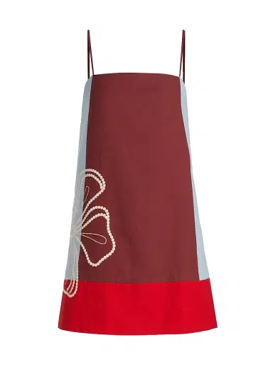 Tanya Taylor Women's Bianca Floral Colorblocked Cotton-Linen Minidress - Redwood Multi | Thumbnail 1 Tanya Taylor Women's Bianca Floral Colorblocked Cotton-Linen Minidress - Redwood Multi | Thumbnail 1