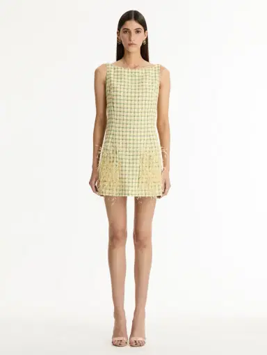 Oscar de la Renta Point d’Esprit Feather Embroidered Checked Tweed Dress | Thumbnail 2 Oscar de la Renta Point d’Esprit Feather Embroidered Checked Tweed Dress | Thumbnail 2