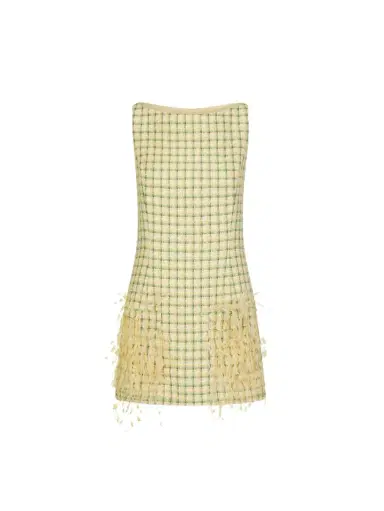 Oscar de la Renta Point d’Esprit Feather Embroidered Checked Tweed Dress | Thumbnail 1 Oscar de la Renta Point d’Esprit Feather Embroidered Checked Tweed Dress | Thumbnail 1