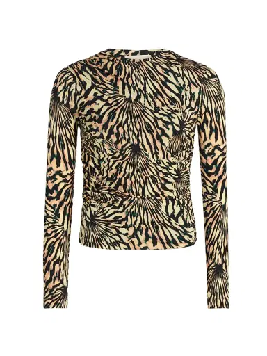Ulla Johnson Women's Nova Ruched Tiger-Print Long-Sleeve Top | Thumbnail 1 Ulla Johnson Women's Nova Ruched Tiger-Print Long-Sleeve Top | Thumbnail 1