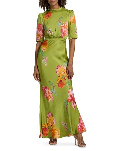Saloni Women's Adele-B Floral Satin Maxi Dress - Lilia Garden Placement | Thumbnail 3 Saloni Women's Adele-B Floral Satin Maxi Dress - Lilia Garden Placement | Thumbnail 3