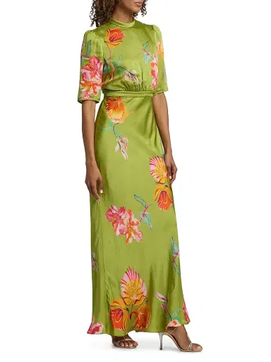 Saloni Women's Adele-B Floral Satin Maxi Dress - Lilia Garden Placement | Thumbnail 4 Saloni Women's Adele-B Floral Satin Maxi Dress - Lilia Garden Placement | Thumbnail 4