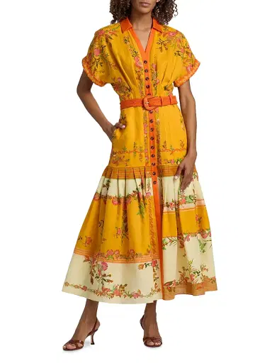 Saloni Women's Riya Floral Linen-Cotton Midi-Dress - Zinnia Sunset Placement | Thumbnail 2 Saloni Women's Riya Floral Linen-Cotton Midi-Dress - Zinnia Sunset Placement | Thumbnail 2
