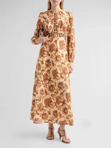 Zimmermann Women's Aster Floral Linen Knot Detail Maxi Dress - Cream Jacobean - Size 8 | Thumbnail 2 Zimmermann Women's Aster Floral Linen Knot Detail Maxi Dress - Cream Jacobean - Size 8 | Thumbnail 2